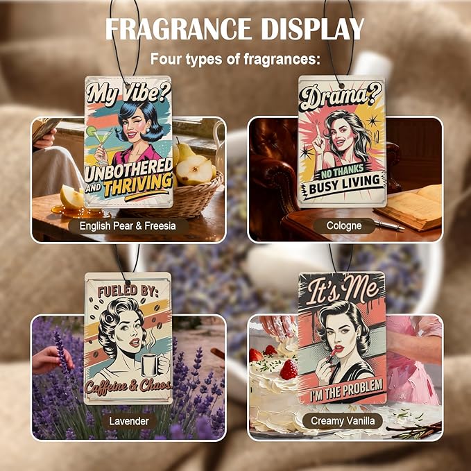 Funny Retro Pop Car Air Freshener 4 Pcs, Sarcastic Humor Feminist Quotes Hanging Air Freshener for Cars Closet Drawer Books, Women Empowerment Gifts Car Accessories for Women Girls