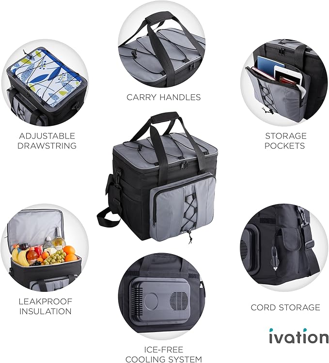 Ivation Portable Electric Cooler Bag | 18L Soft Sided Thermoelectric Travel Cooler with Shoulder Strap, Storage Pocket & DC 12V Plug in for Car, Truck & RV Camping