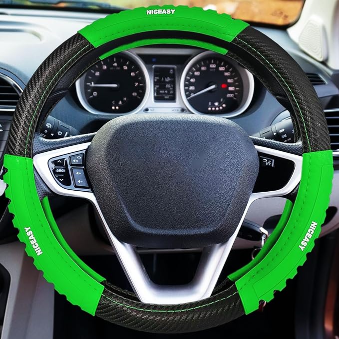Sport Style Black Carbon-Fiber Steering Wheel Cover with Green Grip Steering Wheel Accessory,Universal Fit 14.75-15 inch Steering Wheel