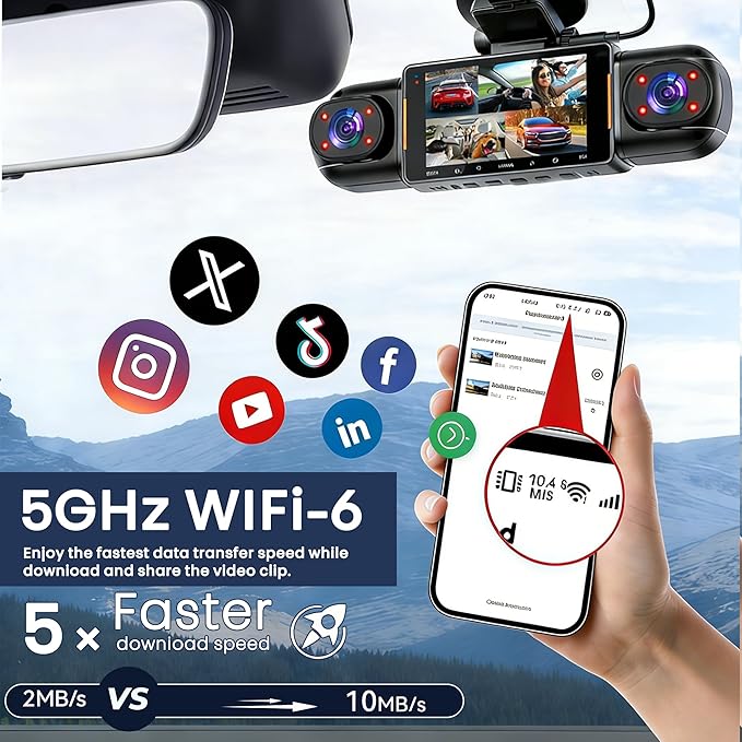5 Channel 1080P*5 Dash Cam Front Rear Left Right Cabin with OBD2 Power Cable, 360° Coverage Dash Camera for Cars with 128GB SD Card, 5G WiFi & App Control, G-Sensor, 24H Parking Mode, Loop Recording