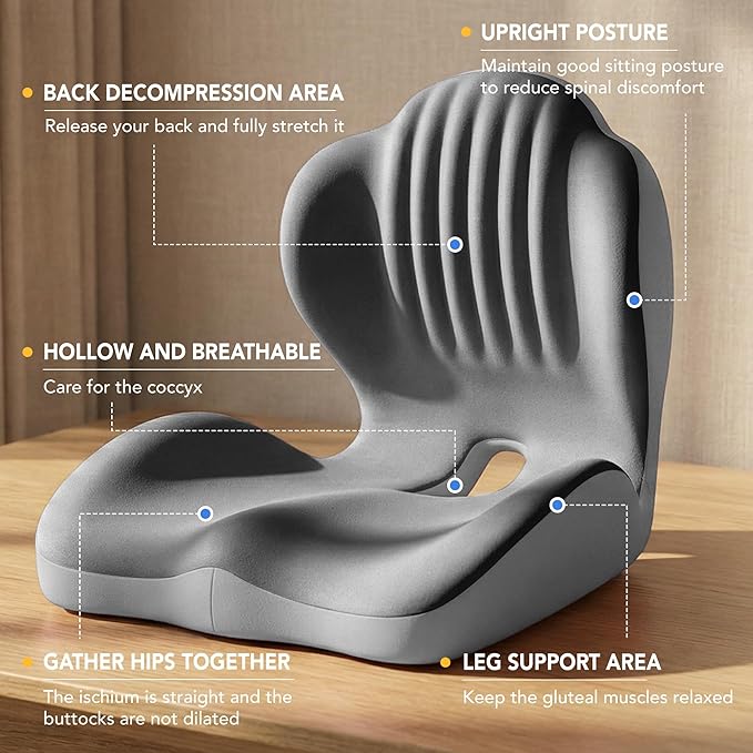 Seat Cushion, Office Chair Seat Cushions with L-Shaped Ergonomic Design, Memory Foam Seat Cushion with Coccyx Hollow, Lumbar Support Pillow & Tailbone Pain Relief for Long Sitting (Grey)