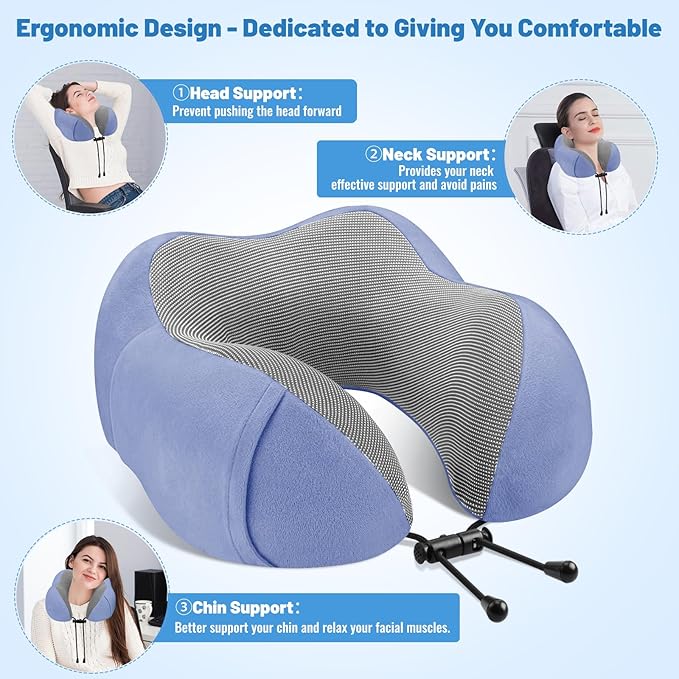 CloudBliss Travel Pillow Premium Memory Foam, Comfortable & Supportive Neck Pillow, Sleeping Neck Pillows for Travel, Airplane Pillow for Sleeping Airplane, Car, Office and Home（Blue）