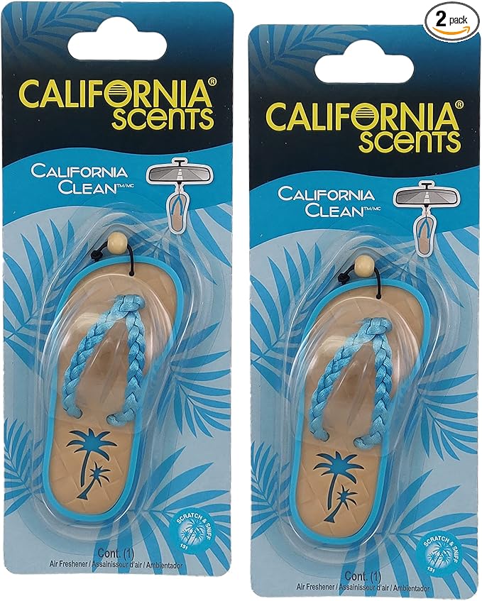California Scents Scented Sandal Hanging Car Air Freshener - Odor Eliminator for Strong Odor - Flip Flop Car Fresheners (California Clean, 2 Packs)