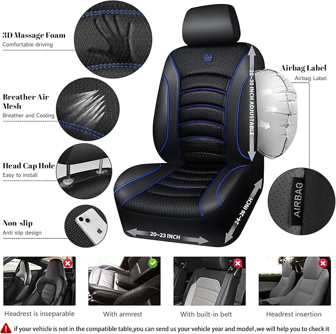 CAR PASS Comfortable 3D Foam Mesh Leather Car Seat Covers Front, Air Cool Mesh Breathable Front Seat Covers for Car, Universal Fit for SUV Truck Sedan Automotive, Airbag Compatible,Black Blue
