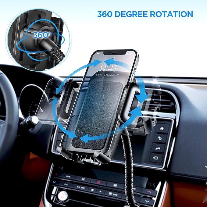 SOAIY 3-in-1 Cigarette Lighter Car Mount + Voltage Detector (Not for Center Console & Window), Dual USB 3.1A Charger with Adjust Gooseneck & 360° Rotating Car Mount Cradle for 1.7-3.7inch Width Phones