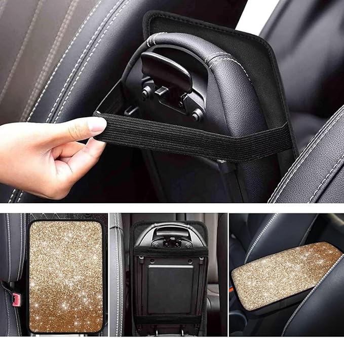 Gold Bling Car Armrest Storage Box Mat Car Center Console Cover Car Armrest Seat Box Cover for Most Vehicle, SUV, Truck Car Decors