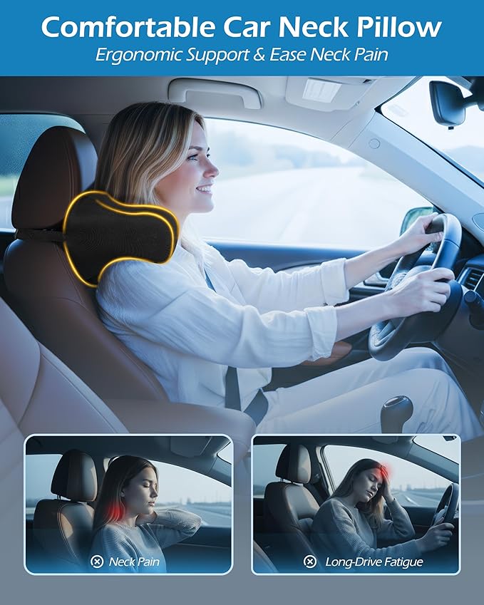 Car Neck Pillow: 2 Pack Ergonomic Memory Foam Headrest Pillow for Driving, Adjustable Neck Support Cushion for Pain Relief, Head Rest Pillows for Car Seat, Truck - Black