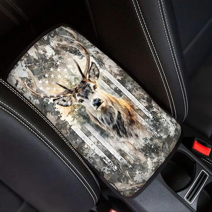 Deer Camo Hunting Print Armrest Cover Pad for Car American Flag Print Car Center Console Armrest Cushion Pad Universal Fit for Most Cars