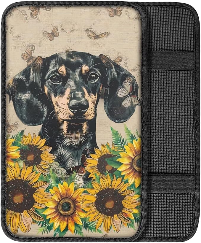 Suobstales Dachshund Sunflower Butterfly Print Car Accessories Center Console Cover Replacement, Universal Armrest Cover for Car Center Console for Truck Sedan SUV