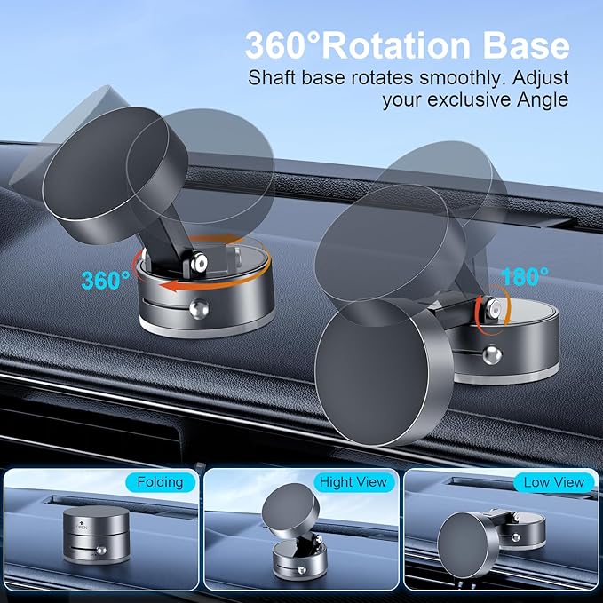 OOCC Vacuum Magnetic Phone Holders for Your Car, 360°Rotating Adjustable Magsafe Car Phone Mount, Foldable Magnetic Car Phone Holder for All Smartphones & All Car Models, Silver Grey