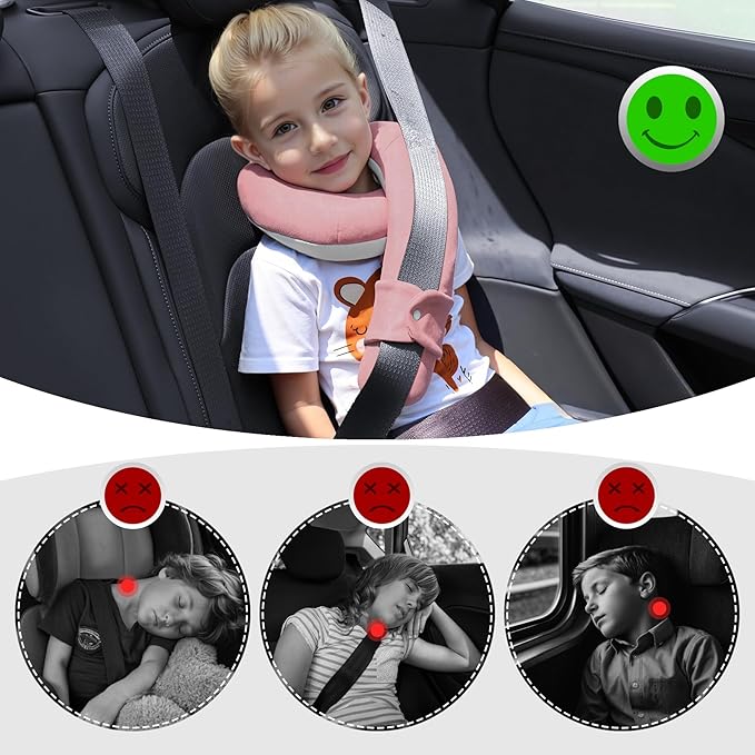 Kids Travel Neck Pillow, Toddler Travel Pillow for Car & Airplane and Head & Chin Support, Comfortably Travel Neck Pillow for Road Trip Sleeping, Gifts for Toddler/Child/Kids (Pink & Beige)