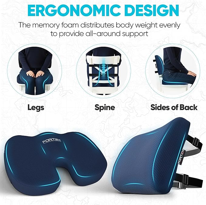 FORTEM Seat Cushion, Office Chair Cushion, Lumbar Support Pillow for Office Chair, Memory Foam Sciatica Coccyx Tailbone Pressure Pain Relief, Car Sitting Pad, Washable Non Slip, XL