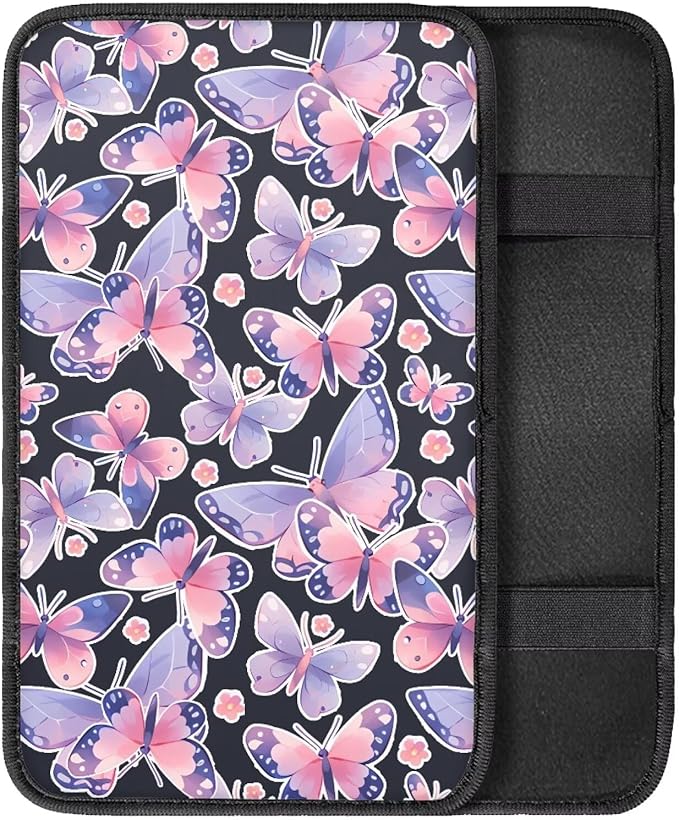 Colorful Butterfly Console Center Armrest Lid Cover Protector Car Armrest Storage Box Mat Interior Accessories for Most Vehicle, SUV Christmas Decor