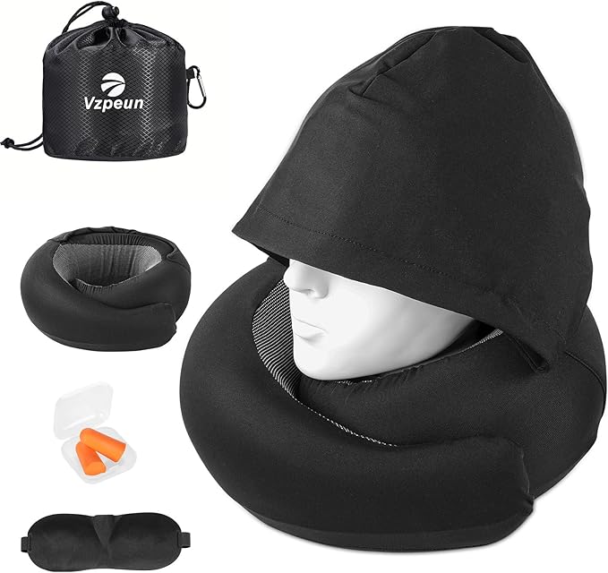 Travel Pillow - Hooded Neck Pillow Airplane Memory Foam Filling for Plane, Office, Cars Sleeping, Road Trip, Long Flights, Airplane Travel Essentials, Includes Eye Mask & Earplugs (Black)