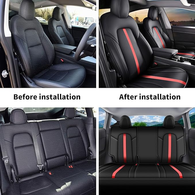 AOMSAZTO Car Seat Cover Fit for Tesla Model Y 2020 2024 - Half Surrounded Customized Seat Covers(Black with Red Stripe)