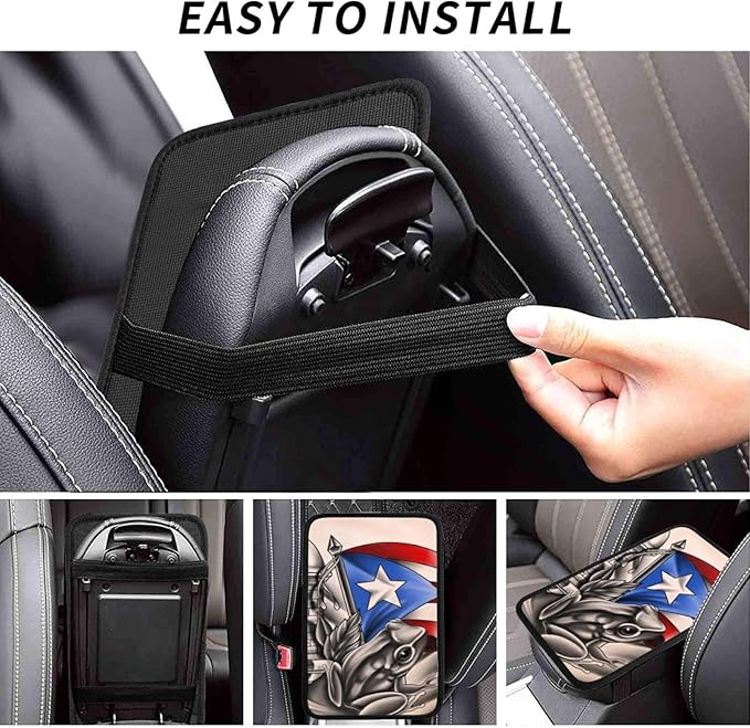 Puerto Rico Rican Flag Frog Car Handrail Box Cushion Auto Center Console Cover Car Center Console Cushion Pad Waterproof Car Armrest Seat Box Cover Fit for Car Truck Rv SUV, Black