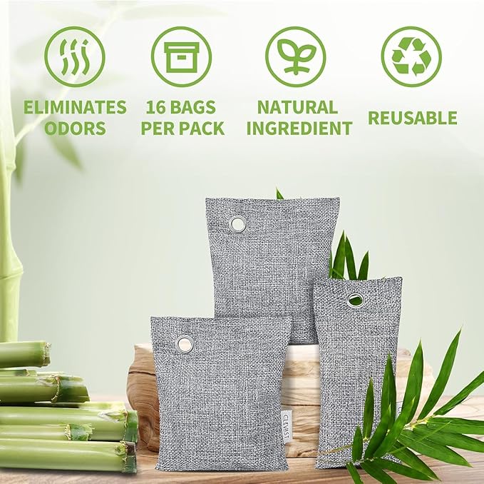 CLEVAST 16 Pack Activated Bamboo Charcoal Air Purifying Bags(8x100g, 8x50g), Natural Fresh Odor Absorber, Deodorizer and Moisture Eliminator, Air Purifier Bags for Home, Closet, Car Air freshener