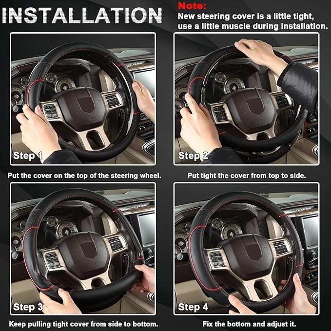 GIANT PANDA Car Steering Wheel Cover for Dodge Ram 1500 2500 3500 15.5-16 inches- Black+Red Trim