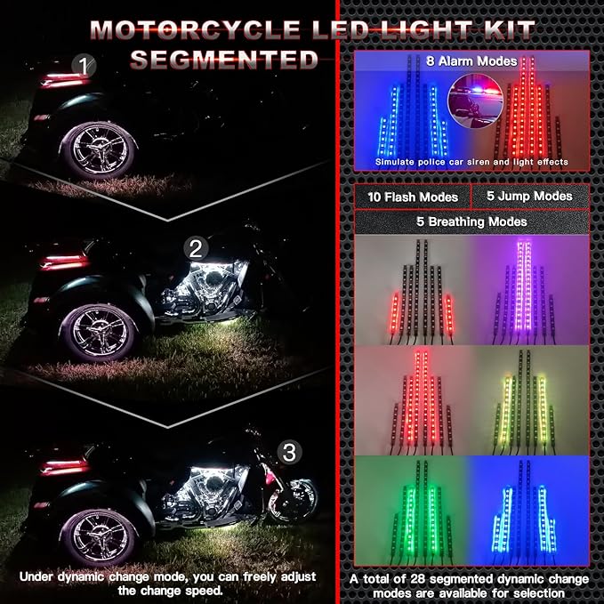 8PCS Segmented Motorcycle RGB LED Light Kits with APP/RF Remote, Multicolor Underglow Lights with Brake Turn Signal, 12V Waterproof Strip for Sport Bike, Cruiser, Street & Dirt Motorcycle