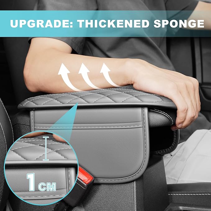 Center Console Cover Fit for Kia Sportage 2005-2025 with 2 Storage Bags Waterproof Leather Quilted Pattern Car Armrest Cover Cushion Anti - Slip(Grey&White Line)