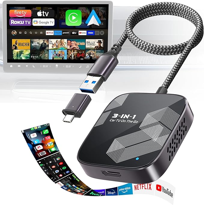 3-in-1 Wireless CarPlay Adapter 2026, Android Auto & Car Play Converter with HDMI Input for Fire TV Stick, Screen Mirroring & Streaming for Netflix/YouTube, Metal&Glass Case, Fit for 2016+ Cars -Black