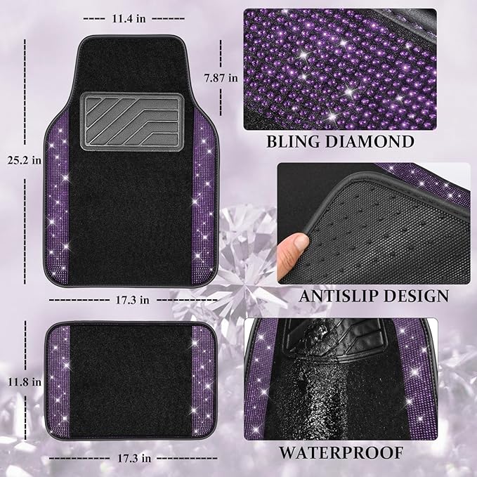CAR PASS Bling Rhinestones Diamond Car Floor Mat, Crystal Sparkly Shining Glitter Carpet, Waterproof Anti-Slip PVC Heel Pad Universal Fit Interior Set SUV,Sedan,Van,4pcs Girl Women Men Violet Purple