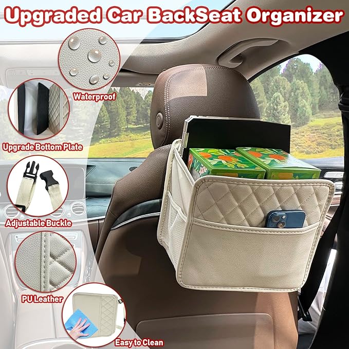 Witaxima Upgrade Car Seat Organizer Backseat with Storage Pockets, Multipurpose Car Organizer Hanging, Car Trash Bag Can,Premium PU Leather Garbage Can 2.14 Gallon Large Capacity Accessories Beige