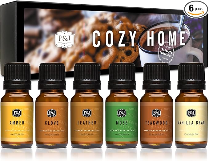 P&J Trading Fragrance Oils for Diffusers for Home Cozy Home Set Fragrance Scents for Candle Making - Soap Making Supplies - Car Diffuser Scents - Essential Home Gift Set - Amber, Clove & More