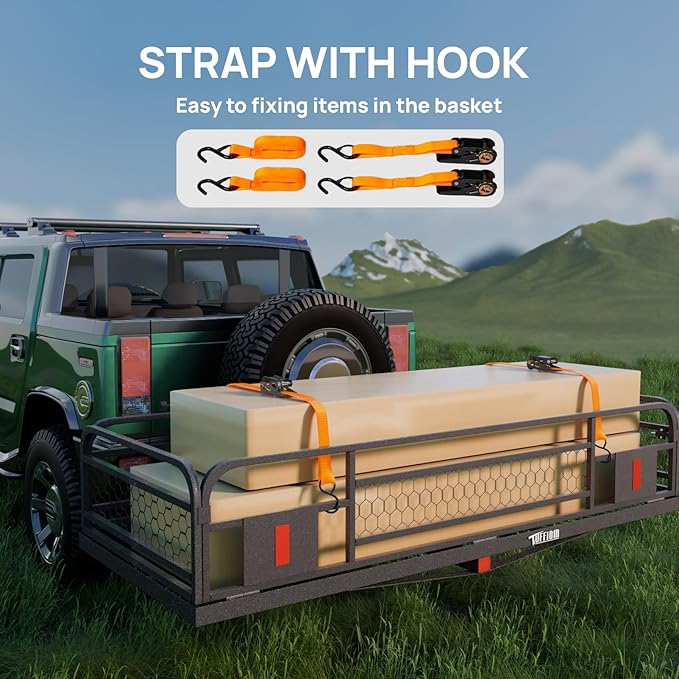 TUFFIOM 60"x24"x14" Folding Hitch Mount Cargo Carrier Basket, Upgraded 14" Height 500lbs Steel Car Cargo Trailer Hitch Luggage Rack with Straps & Stabilizer for SUV Car Truck Van