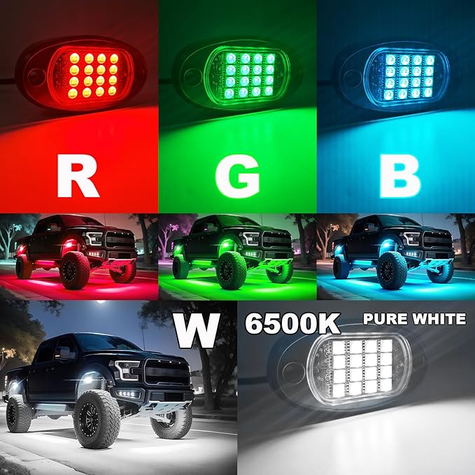 6 Pods RGBW LED Rock Lights Full Kit, 6500K Pure White (Not Mixed) & RGB Underglow for UTV Golf Cart ATV RZR SXS Trucks, App/RF Remote Smart Brake Music Sync, Waterproof Neon Underbody 12V