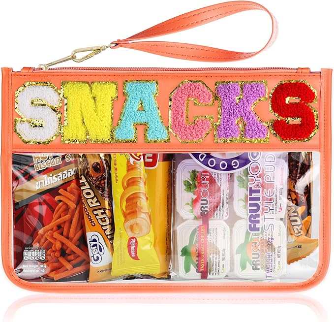 Snack Bag for Travel - Clear Chenille Varsity Letter Flat Pouch with Zipper, 12.2×8.46 inch Waterproof Clear Nylon Preppy Patch Makeup Cosmetic tote Bags for Women Girls