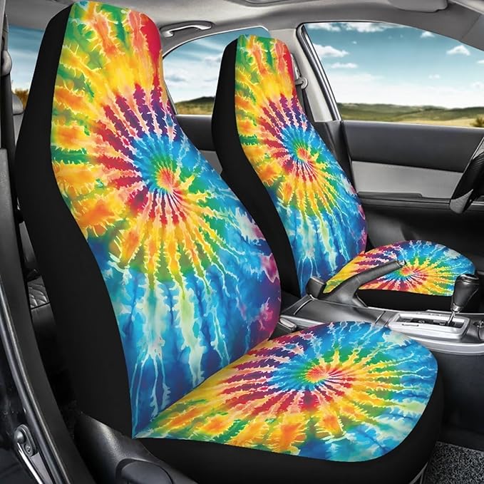 BIGCARJOB Tie Dye Theme Car Interior Accessories Sets Hippie Tie Dye Car Seat Cover Set for Front Seat Only 2 Pieces Auto Seat Accessories Vehicle Bucket Seat Protector