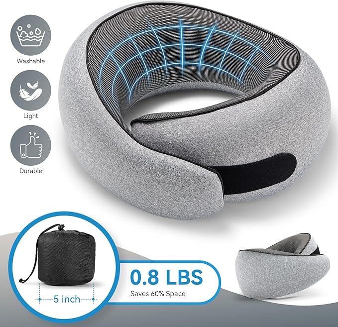 SZXYX Travel Pillows - 100% Pure Memory Foam Neck Pillow for Airplanes, Comfortable Breathable Cover, 360° Support Stowable Pillows for Sleeping, Car, Airport Travel Essentials Dark Grey
