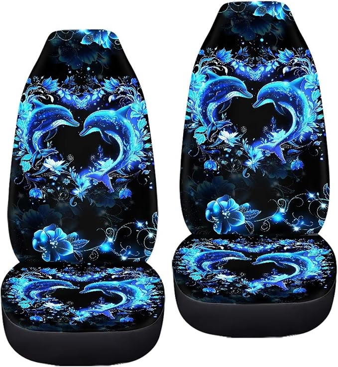 BIGCARJOB Neon Dolphin Car Seat Cover Set of 2 Pcs - Cute Dolphin Print Auto Interior Accessories, Vehicle Bucket Seat Protector, Front Seat Cushion Pads, Universal Fit