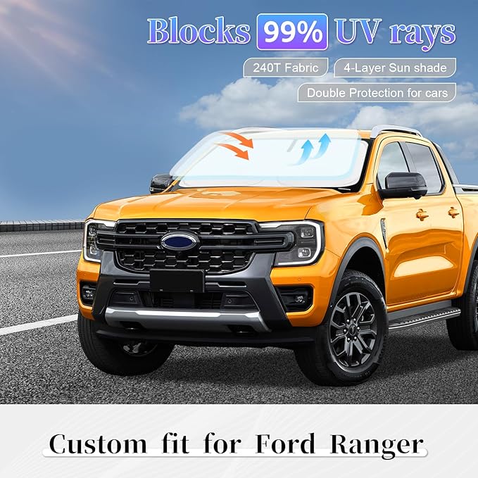 Sun Shade Sunshade for Ford Ranger 2019-2025 2026 Windshield Cover, 4-Layer Front Window Shade Custom fit Ranger XL, XLT, Lariat Sun Visor 240T Foldable Shade Blocks UV Rays Cooler Car Accessories