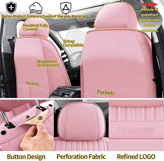 Chezope Car Seat Covers Full Set, Pink Leather Seat Covers, Breathable Front and Back Car Seat Protectors, Wear-Resistant Seat Covers Universal Fit for Most Cars SUV Truck (Pink-Stripes-A, Full Set)
