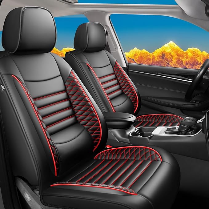 Fit Ridgeline Car Seat Covers for Honda Ridgeline 2007-2025 2026 - Upgraded Premium Waterproof & Breathable Leather, Airbag Compatible, All-Weather Seat Cushion Protector (Full Set, Black+Red)