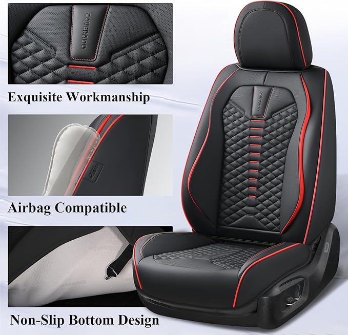 Coverado Seat Covers Full Set, Waterproof Nappa Leather Seat Covers for Cars, 5 Seats Universal Car Seat Protectors, Black Car Seat Covers Car Seat Cushions Fit for Most Cars (Black&Red)