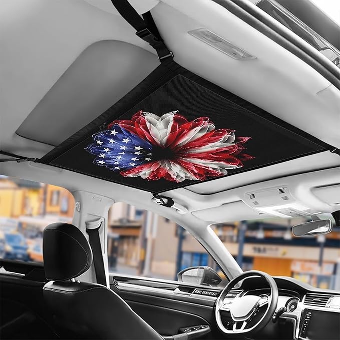 NDISTIN Sunflower Car Ceiling Cargo Net Pocket with Zipper American Flag Car Roof Storage Bag with Adjustable Buckle Easy Install Car Ceiling Storage Net for Truck SUV Van