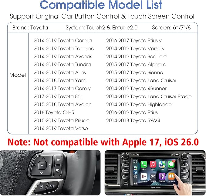 Wireless Carplay Android Auto Adapter for Toyota with Entune2.0 2014-2019, OEM Screen Upgrade Decoder Box muItimedia Interface Retrofit Kit for Toyota Corolla,Tacoma, Camry,Avalon Prius, Sienna