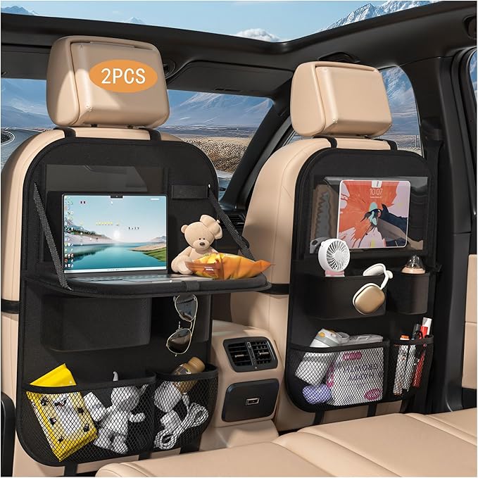 Car Back Seat Tray Organizer: Backseat Storage Protector Kids Travel Accessories Table Holder Car Kick Mat for Kid Road Trip Essentials - Truck Carseat Bag Cover Tablet Organizers Pocket 2 Pack