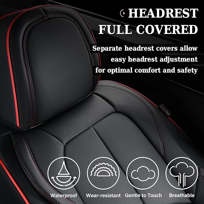Coverado Car Seat Covers Full Set, Premium Nappa Leather Seat Covers for Car, Waterproof Car Seat Protector with Lumbar Support, Car Seat Cover Universal Fit for Most Cars SUV Truck(Black&Red)
