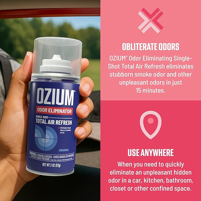 Ozium Air Freshener, Anywhere Odor Eliminator ™, 2oz Single Shot Total Air Refresh & Car Air Freshener - Wild Cherry - 4 Pack