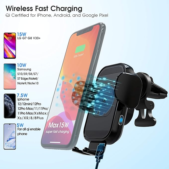 [Upgraded Version] ZeeHoo Wireless Car Charger,15W Qi Fast Charging Auto-Clamping Car Mount,Windshield Dash Air Vent Phone Holder for iPhone 14 13 12 Mini 11 Pro Max,Samsung S22,etc.(Black3)