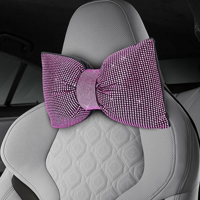 2 PCS Bling Car Pillows,Rhinestones Bowknot Car Headrest Pillow,Car Neck Pillow for Driver Relax Necksupport,Sleeping Travel Support Neck Pillow,Shiny Diamond Interior Accessories for Women,Pink