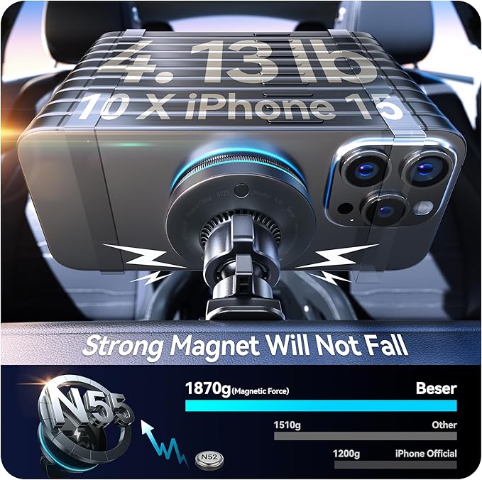 Beser for MagSafe Car Mount Charger, (4.13 lbf) Large Magnetic, 15W Qi Wireless Charger for Car, Vent/Dashboard, Phone Holder for iPhone 16/15/14/13/12 Series, 7 Color Lights, Aluminium, Deep Black