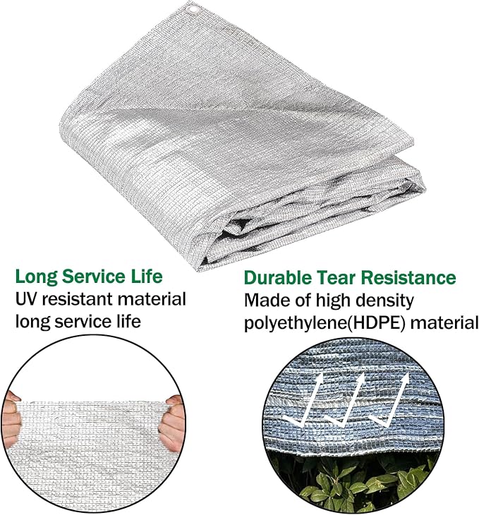 95% Sun Block Heavy Duty Aluminum Foil Shade Cloth with Grommets,8ft x 10ft, Mesh Sun Block Fabric Cover, Canopy, Privacy Screen for Outdoor Patio, Garden, Backyard, Silver