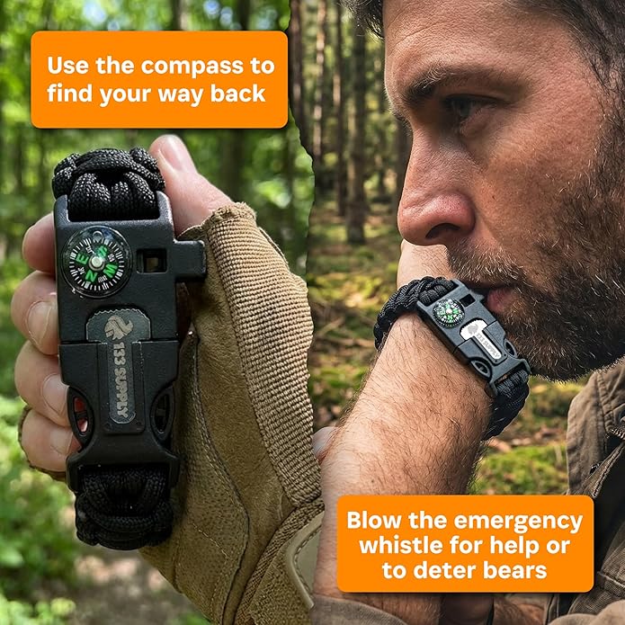 Paracord Bracelet Compass Hiking Survival Kit Emergency Whistle Fire Starter Camping Gear Hiking Essentials Fishing Hunting Accessories EDC Backpacking Gear Tactical Survival Gear Equipment