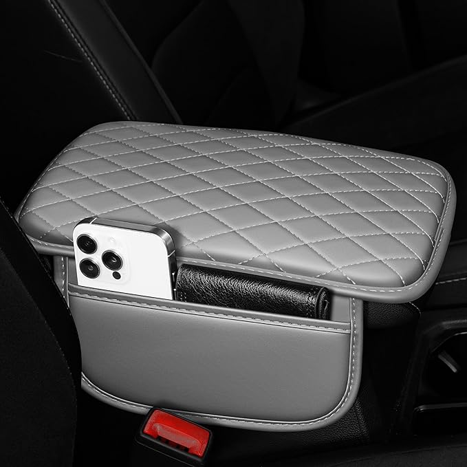 Center Console Cover Fit for Kia Sorento 2003-2025 with 2 Storage Bags Waterproof Leather Quilted Pattern Car Armrest Cover Cushion Anti - Slip(Grey&White Line)