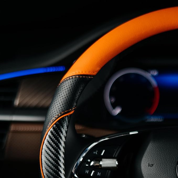 Lord Autofashion Steering Wheel Cover – PU Leather, Non-Slip Rubber Inner, All-Season Comfort – 14.5–15 Inch (Black/Orange 7685)